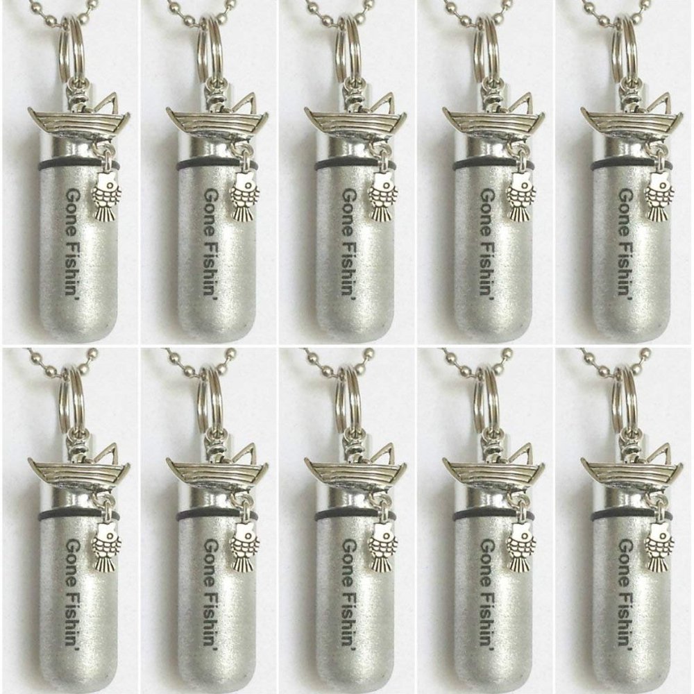BEAUTIFUL SET OF 10 GONE FISHIN' FISHERMAN CREMATION NECKLACES, Memorial Jewelry